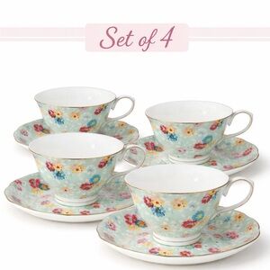 Grace Floral China Teacup and Saucer Set - Blue and Multicolor (4)